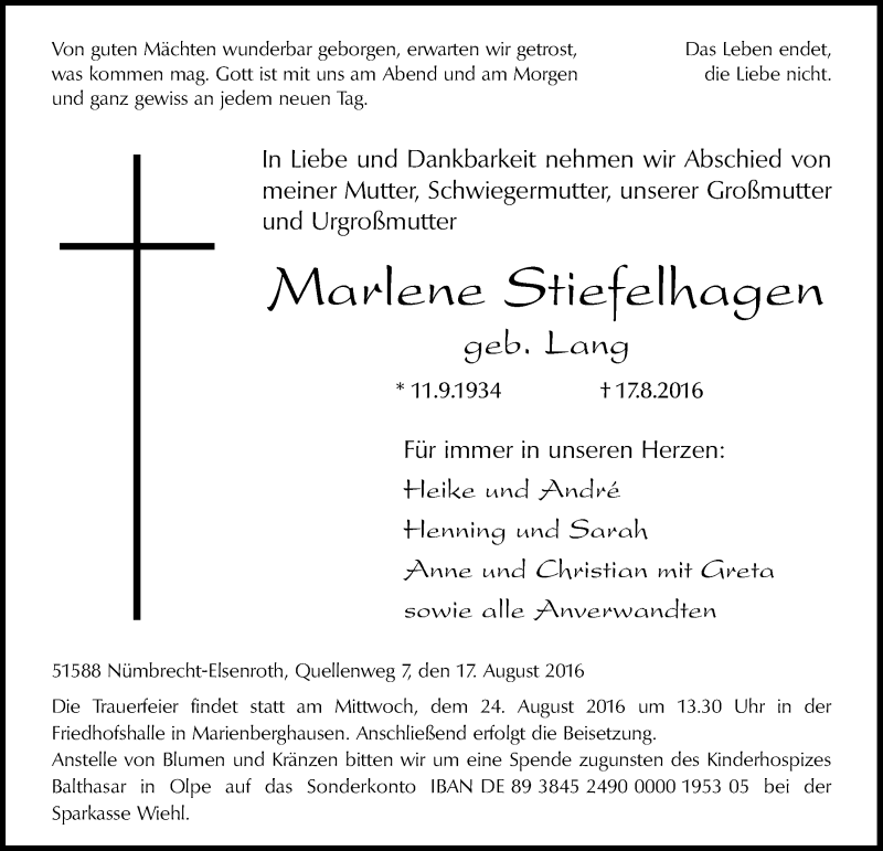  Traueranzeige für Marlene Stiefelhagen vom 24.08.2016 aus  Lokalanzeiger 