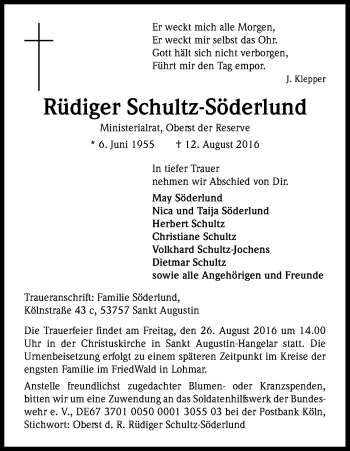 Anzeige von Rüdiger Schultz-Söderlund von Kölner Stadt-Anzeiger / Kölnische Rundschau / Express