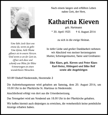 Anzeige von Katharina Kieven von Kölner Stadt-Anzeiger / Kölnische Rundschau / Express