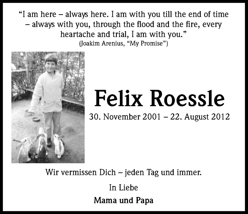  Traueranzeige für Felix Roessle vom 22.08.2016 aus Kölner Stadt-Anzeiger / Kölnische Rundschau / Express