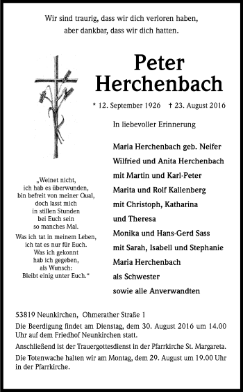 Anzeige von Peter Herchenbach von Kölner Stadt-Anzeiger / Kölnische Rundschau / Express