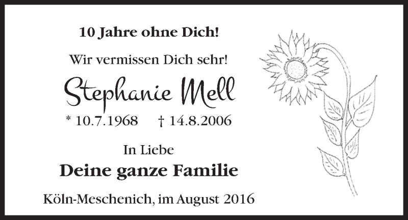  Traueranzeige für Stephanie Mell vom 10.08.2016 aus  Schlossbote/Werbekurier 