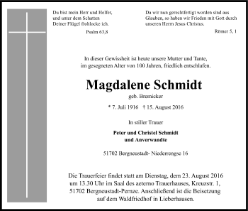Anzeige von Magdalene Schmidt von Kölner Stadt-Anzeiger / Kölnische Rundschau / Express