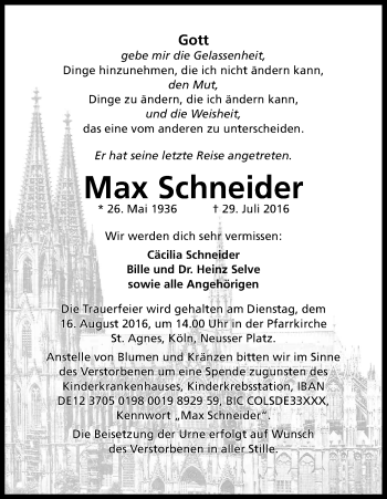 Anzeige von Max Schneider von Kölner Stadt-Anzeiger / Kölnische Rundschau / Express