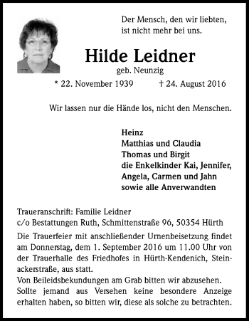 Anzeige von Hilde Leidner von Kölner Stadt-Anzeiger / Kölnische Rundschau / Express
