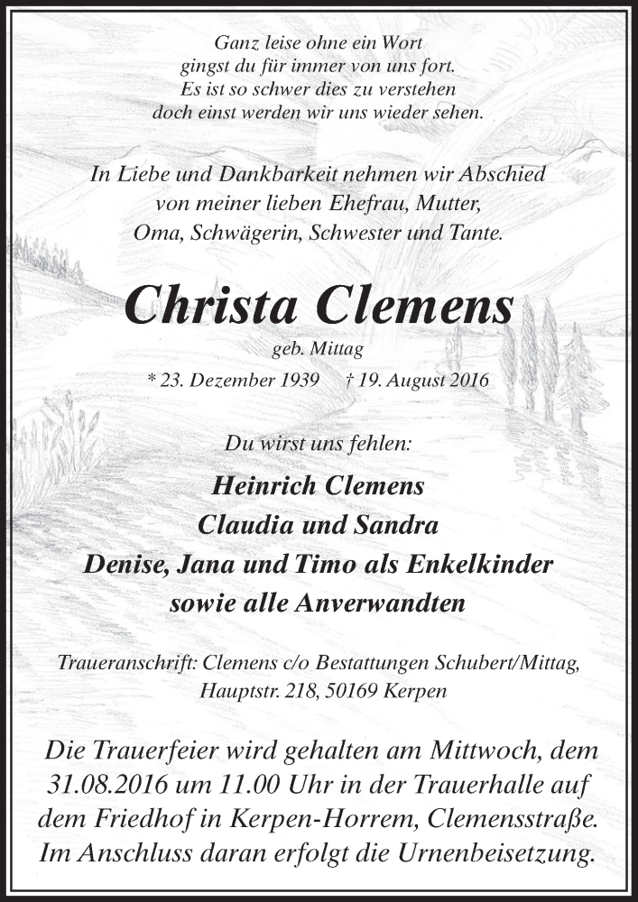  Traueranzeige für Christa Clemens vom 27.08.2016 aus  Sonntags-Post 