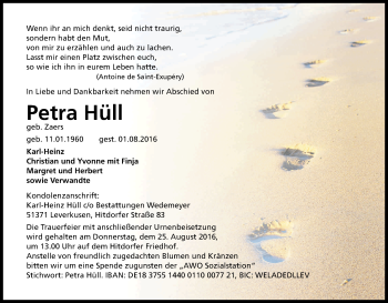 Anzeige von Petra Hüll von Kölner Stadt-Anzeiger / Kölnische Rundschau / Express
