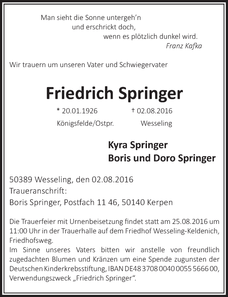  Traueranzeige für Friedrich Springer vom 10.08.2016 aus  Schlossbote/Werbekurier 