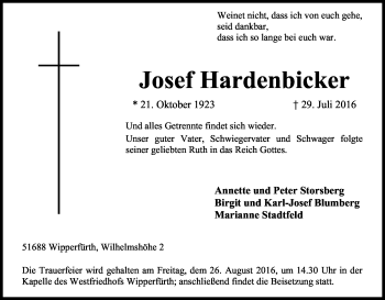 Anzeige von Josef Hardenbicker von Kölner Stadt-Anzeiger / Kölnische Rundschau / Express