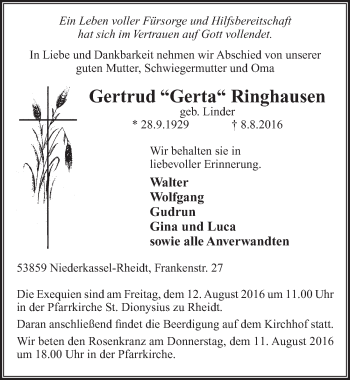 Anzeige von Gertrud Ringhausen von  Extra Blatt 
