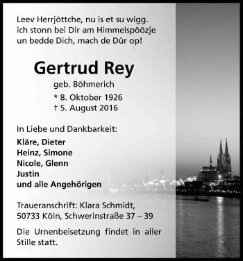 Anzeige von Gertrud Rey von Kölner Stadt-Anzeiger / Kölnische Rundschau / Express