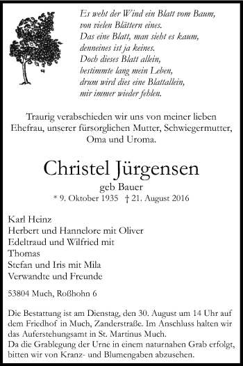 Anzeige von Christel Jürgensen von Kölner Stadt-Anzeiger / Kölnische Rundschau / Express