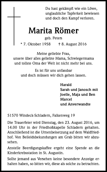 Anzeige von Marita Römer von Kölner Stadt-Anzeiger / Kölnische Rundschau / Express