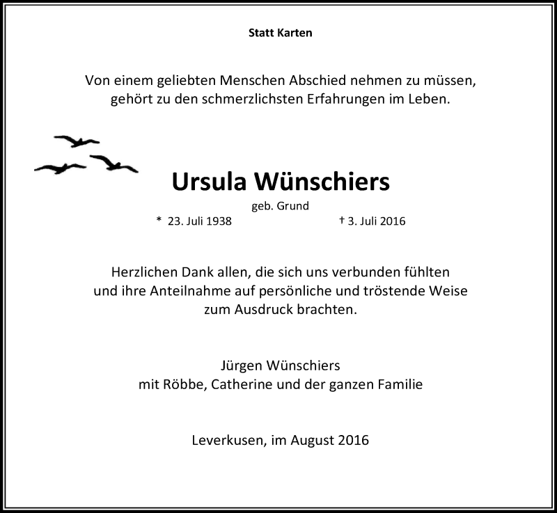  Traueranzeige für Ursula Wünschiers vom 13.08.2016 aus Kölner Stadt-Anzeiger / Kölnische Rundschau / Express