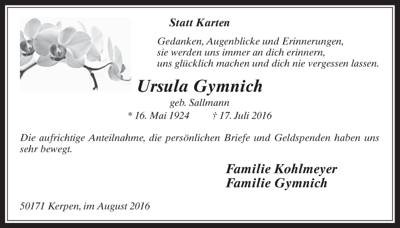  Traueranzeige für Ursula Gymnich vom 10.08.2016 aus  Werbepost 