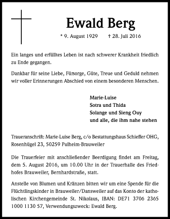 Anzeige von Ewald Berg von Kölner Stadt-Anzeiger / Kölnische Rundschau / Express