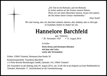 Anzeige von Hannelore Barchfeld von Kölner Stadt-Anzeiger / Kölnische Rundschau / Express