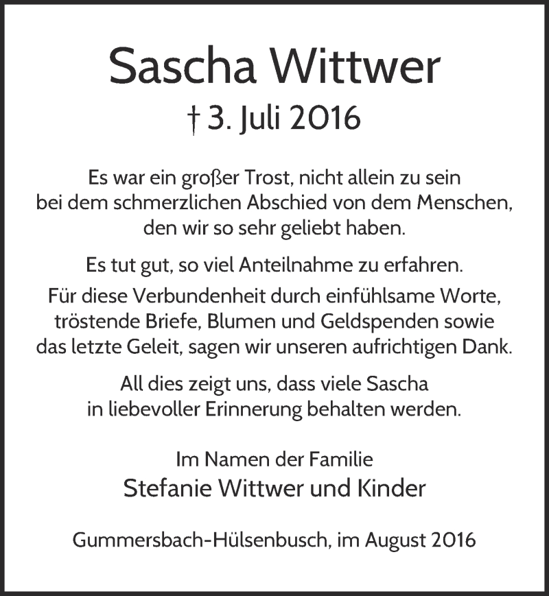  Traueranzeige für Sascha Wittwer vom 03.08.2016 aus  Anzeigen Echo 