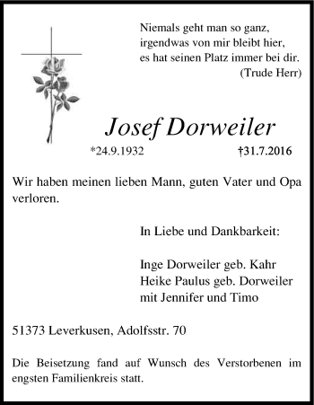 Anzeige von Josef Dorweiler von Kölner Stadt-Anzeiger / Kölnische Rundschau / Express