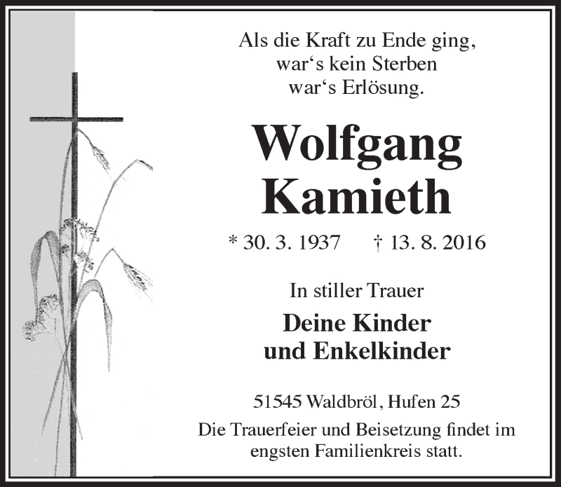  Traueranzeige für Wolfgang Kamieth vom 24.08.2016 aus  Lokalanzeiger 