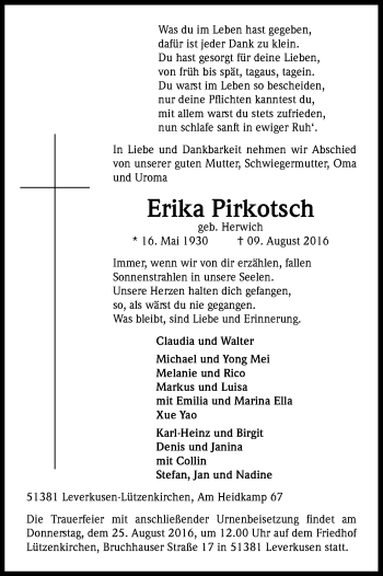 Anzeige von Erika Pirkotsch von Kölner Stadt-Anzeiger / Kölnische Rundschau / Express