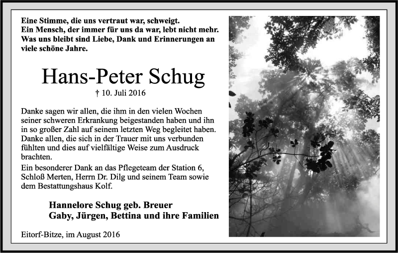  Traueranzeige für Hans-Peter Schug vom 26.08.2016 aus Kölner Stadt-Anzeiger / Kölnische Rundschau / Express