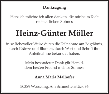 Anzeige von Heinz-Günter Möller von  Schlossbote/Werbekurier 