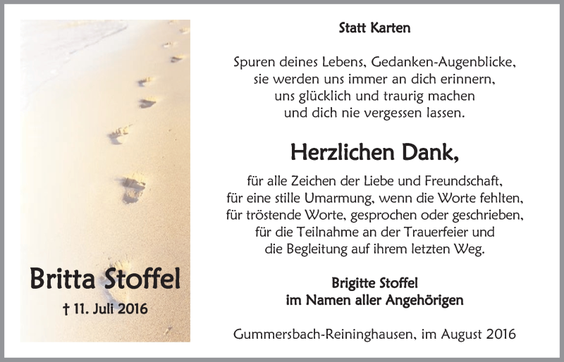  Traueranzeige für Britta Stoffel vom 24.08.2016 aus  Anzeigen Echo 