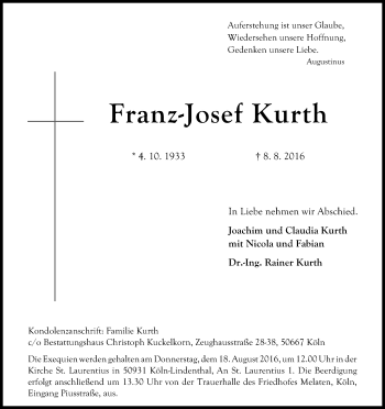 Anzeige von Franz-Josef Kurth von Kölner Stadt-Anzeiger / Kölnische Rundschau / Express
