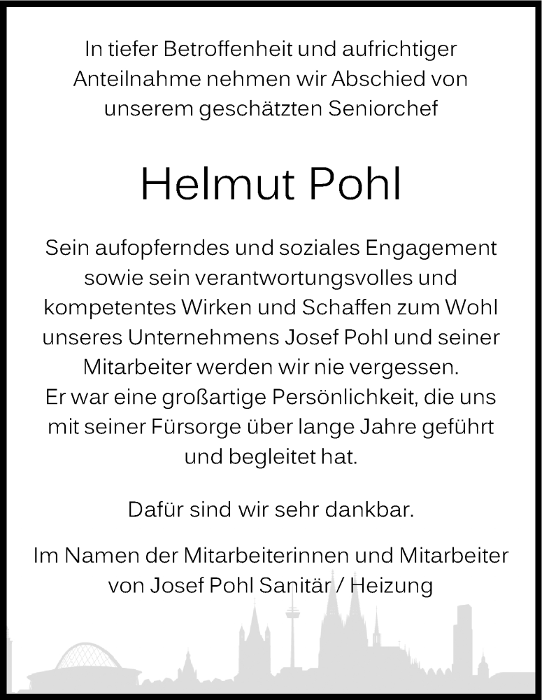  Traueranzeige für Helmut Pohl vom 31.08.2016 aus Kölner Stadt-Anzeiger / Kölnische Rundschau / Express
