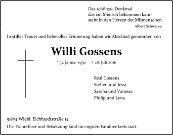 Anzeige von Willi Gossens von  Anzeigen Echo 