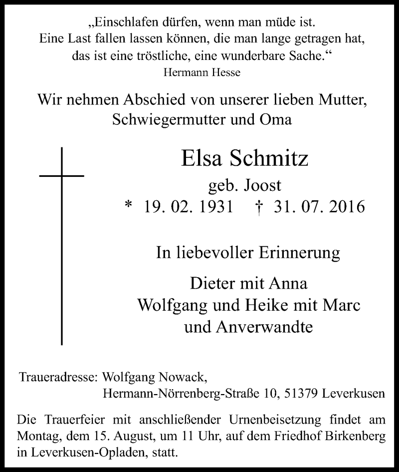  Traueranzeige für Elsa Schmitz vom 06.08.2016 aus Kölner Stadt-Anzeiger / Kölnische Rundschau / Express