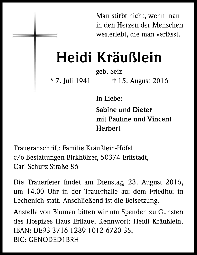  Traueranzeige für Heidi Kräußlein vom 20.08.2016 aus Kölner Stadt-Anzeiger / Kölnische Rundschau / Express