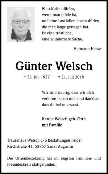 Anzeige von Günter Welsch von Kölner Stadt-Anzeiger / Kölnische Rundschau / Express