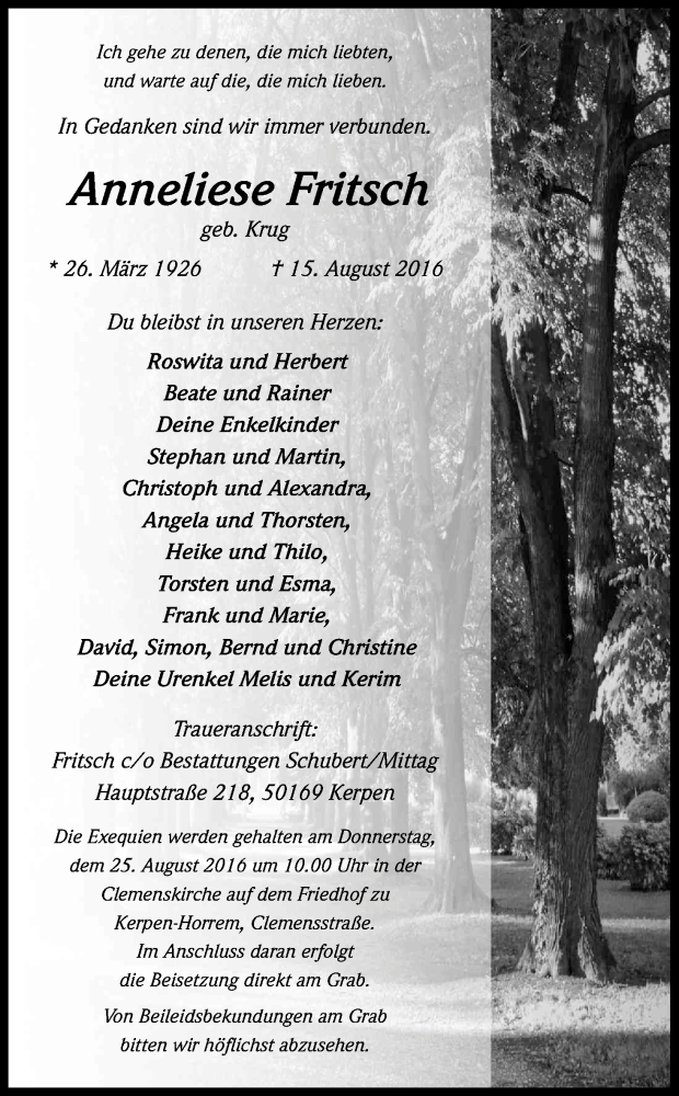  Traueranzeige für Anneliese Fritsch vom 20.08.2016 aus Kölner Stadt-Anzeiger / Kölnische Rundschau / Express