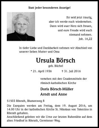 Anzeige von Ursula Börsch von Kölner Stadt-Anzeiger / Kölnische Rundschau / Express