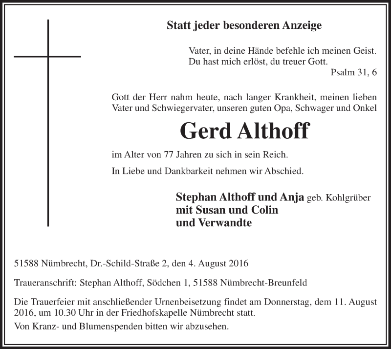  Traueranzeige für Gerd Althoff vom 10.08.2016 aus  Lokalanzeiger 