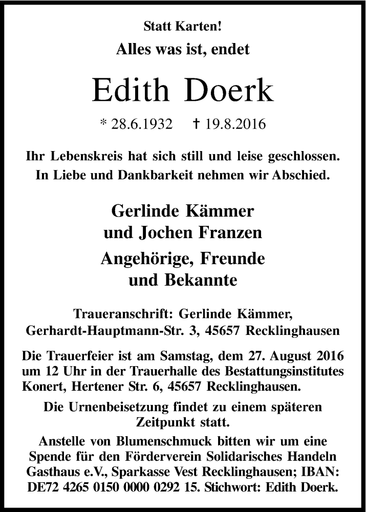  Traueranzeige für Edith Doerk vom 24.08.2016 aus Kölner Stadt-Anzeiger / Kölnische Rundschau / Express