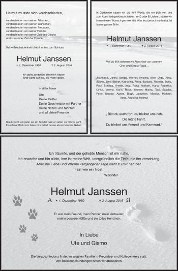 Anzeige von Helmut Janssen von  Wochenende  Schlossbote/Werbekurier 