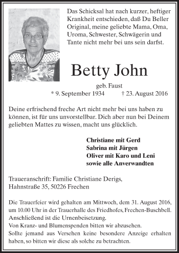Anzeige von Betty John von  Sonntags-Post 