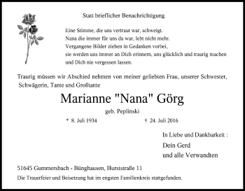 Anzeige von Marianne  Görg von Kölner Stadt-Anzeiger / Kölnische Rundschau / Express