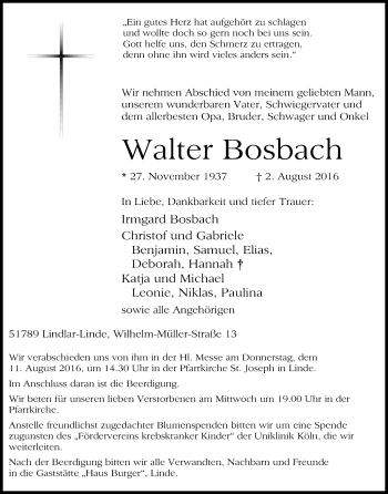 Anzeige von Walter Bosbach von Kölner Stadt-Anzeiger / Kölnische Rundschau / Express