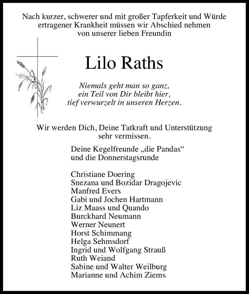  Traueranzeige für Lilo Raths vom 06.08.2016 aus Kölner Stadt-Anzeiger / Kölnische Rundschau / Express