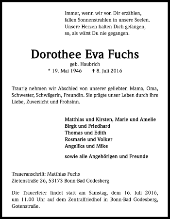 Anzeige von Dorothee Eva Fuchs von Kölner Stadt-Anzeiger / Kölnische Rundschau / Express