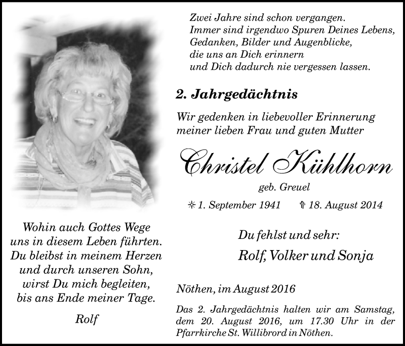  Traueranzeige für Christel Kühlhorn vom 06.08.2016 aus  Blickpunkt Euskirchen 