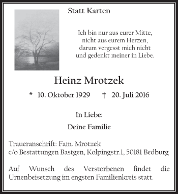 Anzeige von Heinz Mrotzek von  Werbepost 