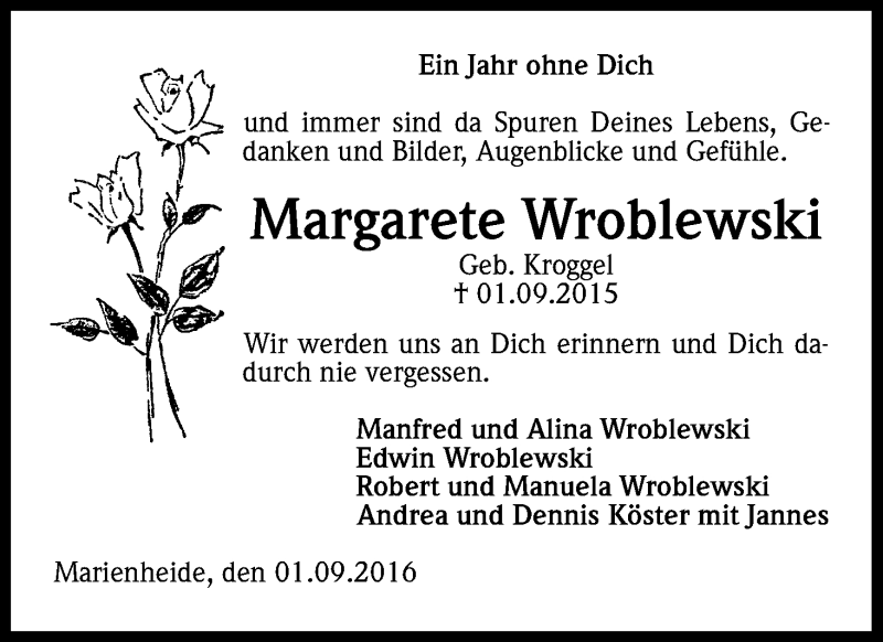  Traueranzeige für Margarete Wroblewski vom 01.09.2016 aus Kölner Stadt-Anzeiger / Kölnische Rundschau / Express
