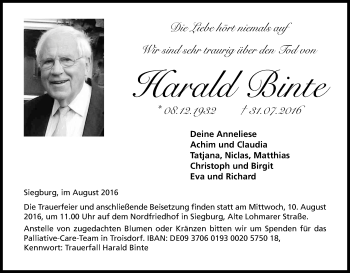 Anzeige von Harald Binte von Kölner Stadt-Anzeiger / Kölnische Rundschau / Express