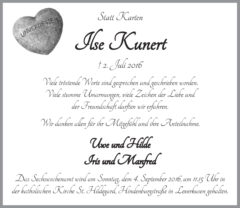  Traueranzeige für Ilse Kunert vom 17.08.2016 aus  Lokale Informationen 