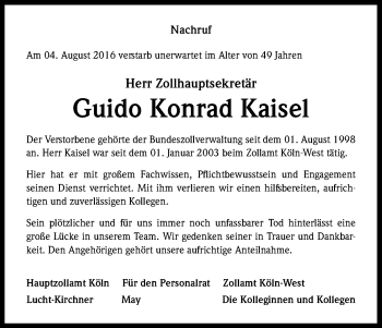 Anzeige von Guido Konrad Kaisel von Kölner Stadt-Anzeiger / Kölnische Rundschau / Express